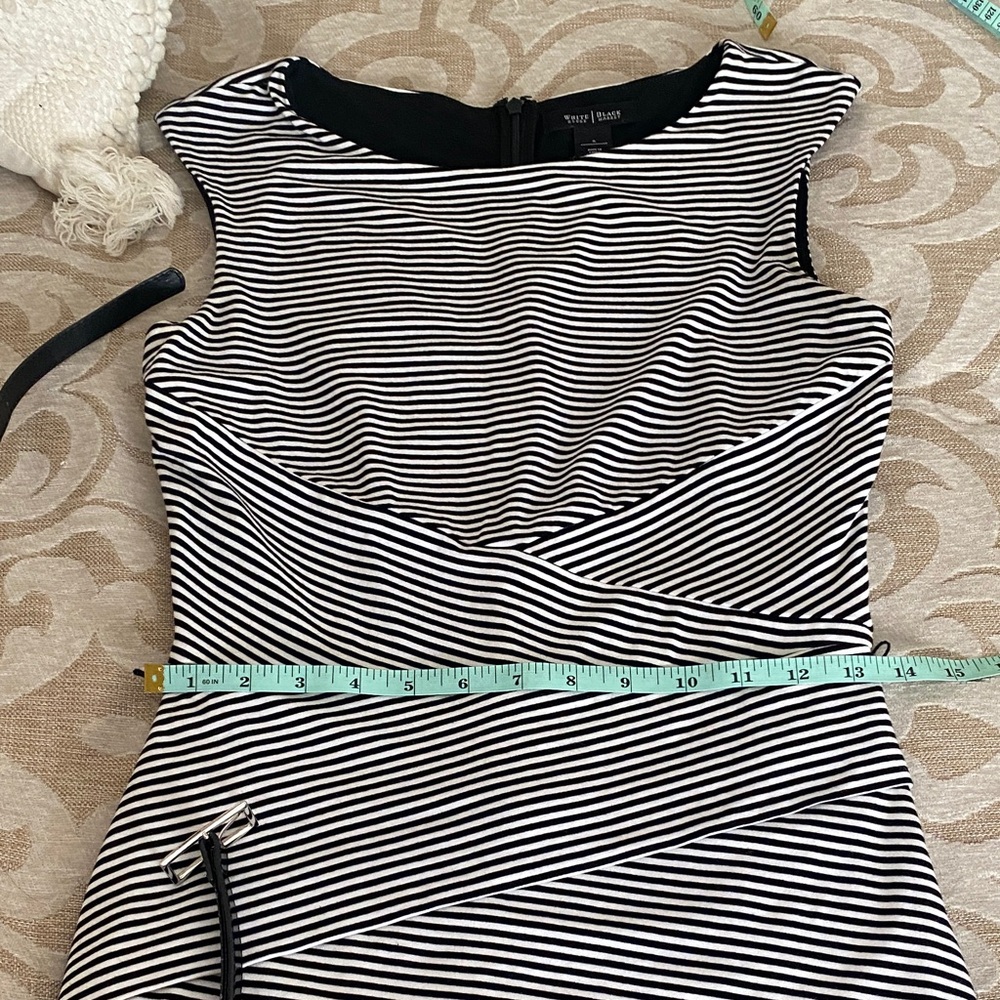 White House Black Market Black White Striped Sheath Dress Belted Size 6 - Picture 7 of 10